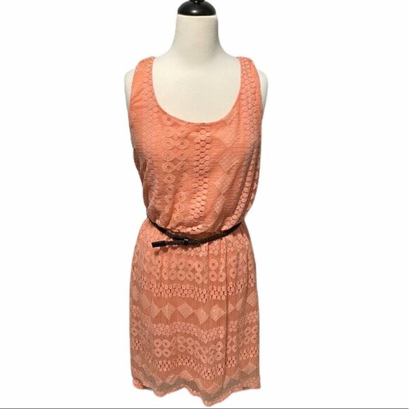AUW Lace Hi-Low Sleeveless Belt Flowy‎ Tunic Dress Peach Medium - Picture 1 of 8